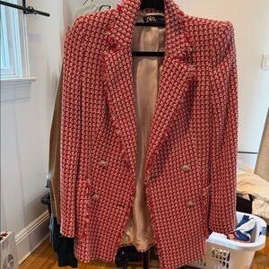 Zara Red and White Houndstooth Blazer